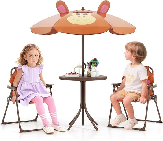 HONEY JOY Kids Picnic Table, Animal Themed Toddler Outdoor Table and Chair Set, 2 Folding Chairs & Removable Umbrella, Children Outdoor Furniture for Backyard Patio Garden (Brown Monkey)