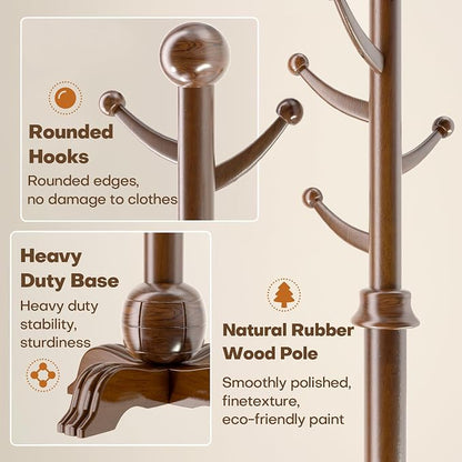 Hall Tree, Freestanding Wood Tree Rack with 7 Hooks, Coat Rack with Stable Sphere Base, Wooden Coat Rack Stand, Load 210 lb, Coat Hanger Stand for Entryway, Hallway, Bedroom, H:72 in, Walnut