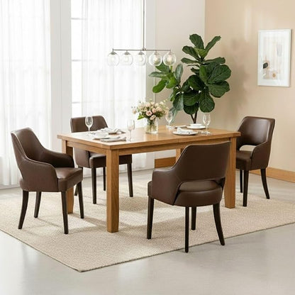 Faux Leather Upholstered Dining Chairs Set of 6 with Arms | Brown faux leather upholstery, solid wood legs, curved open back, padded seat, easy-care surface, dining room, kitchen