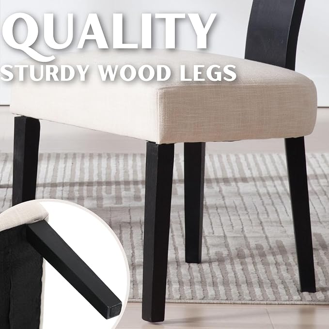 RIVOVA Rattan Dining Chairs Set of 2, Modern Dining Chairs Kitchen Dining Room Chair, Curved Cane Back Upholstered Linen Fabric Dining Chair with Black Wood Frame, Beige
