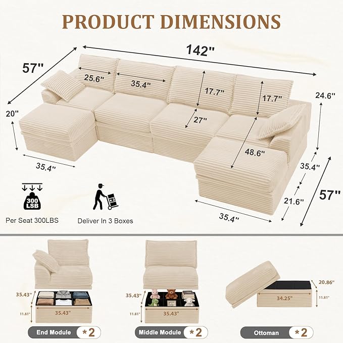 Upgrade Boneless Couch with Storage, Extra Deep&High Seat Modular Sectional Sofa 4 Seater U Shaped Cloud Couch with Ottoman, Tool-Free Assembly Sectional Couches for Living Room