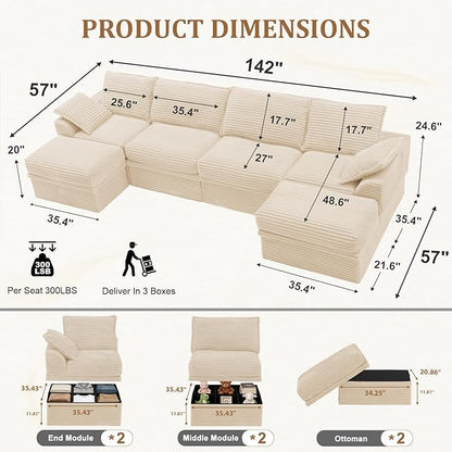 Upgrade Boneless Couch with Storage, Extra Deep&High Seat Modular Sectional Sofa 4 Seater U Shaped Cloud Couch with Ottoman, Tool-Free Assembly Sectional Couches for Living Room
