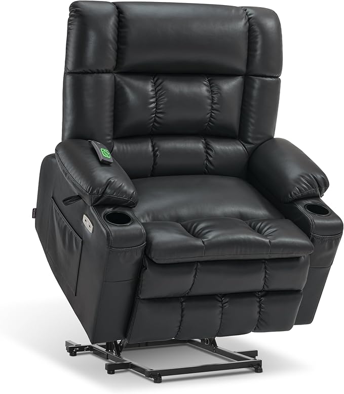 MCombo Small Dual Motor Power Lift Recliner Chair for Elderly, Zero Gravity Lift Chair with Heat and Massage, Lay Flat Recliner for Petite, USB Ports, Faux Leather R7894 (Black, Small-Wide)