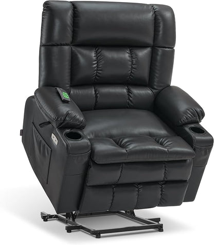 MCombo Small Dual Motor Power Lift Recliner Chair for Elderly, Zero Gravity Lift Chair with Heat and Massage, Lay Flat Recliner for Petite, USB Ports, Faux Leather R7894 (Black, Small-Wide)