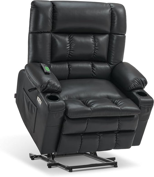 MCombo Small Dual Motor Power Lift Recliner Chair for Elderly, Zero Gravity Lift Chair with Heat and Massage, Lay Flat Recliner for Petite, USB Ports, Faux Leather R7894 (Black, Small-Wide)
