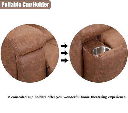 CANMOV Leather Recliner Chair, Classic and Traditional Manual Recliner Chair with Overstuffed Arms and Back, Manual Single Sofa with Concealed Cup Holders, Brown