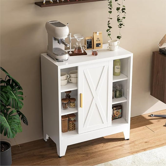 Farmhouse Coffee Bar Cabinet, Buffet Storage Cabinet, Sideboard with Sliding Barn Door and Adjustable Shelves for Kitchen, Dining Room, Bathroom