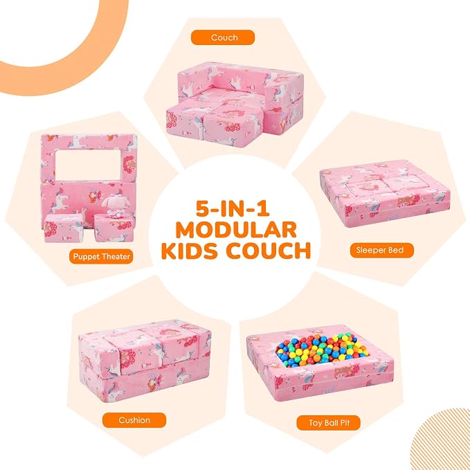 MeMoreCool Modular Kids Couch, Glow Play Toddler Couch for Bedroom Playroom, Convertible Foam Kids Sofa Bed, Fold Out Baby Sofa for Girl Boy, Pink Fairy