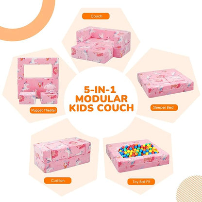 MeMoreCool Modular Kids Couch, Glow Play Toddler Couch for Bedroom Playroom, Convertible Foam Kids Sofa Bed, Fold Out Baby Sofa for Girl Boy, Pink Fairy