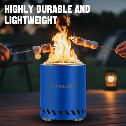 Smokeless Tabletop Fire Pit, VivaGarden Portable Outdoor Fire Pit for Camping, Patio, Backyard, Wood and Pellets Burning Camping Stove with Carry Bag, Forks, Mat and Pot Stand (9.7x7.1 Inch, Blue)