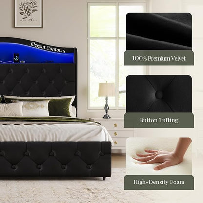 Queen Size Bed Frame and Headboard & 4 Storage Drawers, Upholstered Platform Bed Frame with RGB LED Lights & Charging Station, No Box Spring Needed, Easy Assembly, Noise-Free, Black