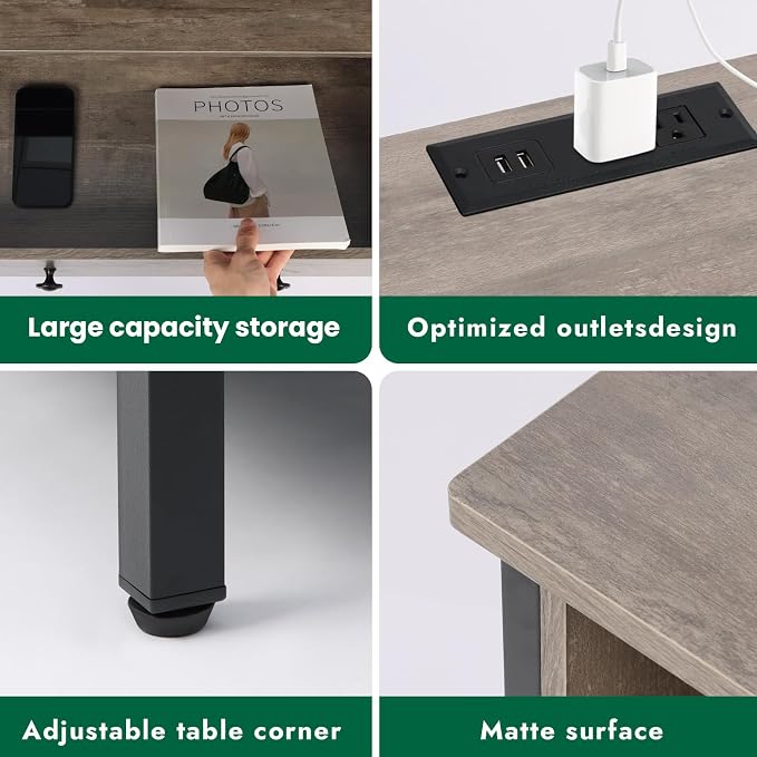 27" LED Nightstand Set 2 with Charging Station, 2 Drawers, Gray | Solid Wood and Steel Frame, 2 AC Outlets, 2 USB Ports, RGB App Control, Open Storage, Adjustable Feet, for Bedroom or Office