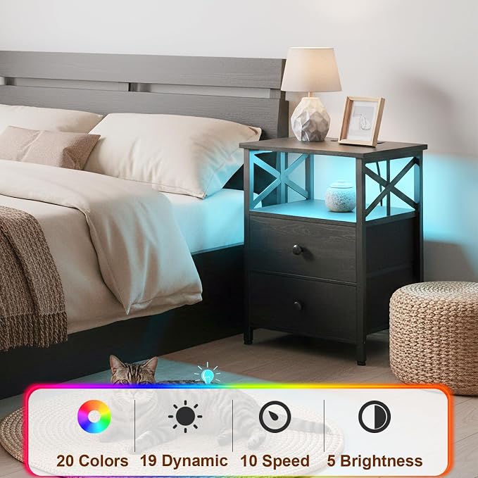 AMHANCIBLE Nightstands Set of 2 with Charging Station, LED Night Stand with 2 Storage Drawers, End Tables with USB Ports and Outlets, Modern Bedside Tables for Bedroom, Black, HET052LBK