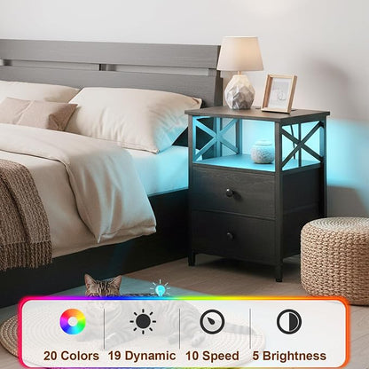 AMHANCIBLE Nightstands Set of 2 with Charging Station, LED Night Stand with 2 Storage Drawers, End Tables with USB Ports and Outlets, Modern Bedside Tables for Bedroom, Black, HET052LBK