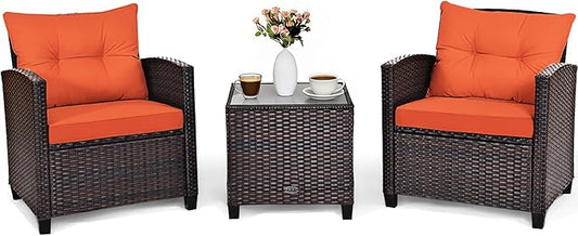 COSTWAY 3PCS Patio Furniture Set, PE Rattan Wicker Sofa w/Washable Cushion and Coffee Table, Tempered Glass Tabletop, Outdoor Conversation Set for Balcony, Porch, Yard, Backyard, Lawn (Orange)