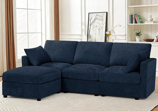 84” Chenille 3-Seats Sofa W/Movable Ottoman, Blue | Modern Fabric L-Shaped Couch w/Soft Backrests, Upholstered Sectional Sofa w/Arm Pillows for Living Room
