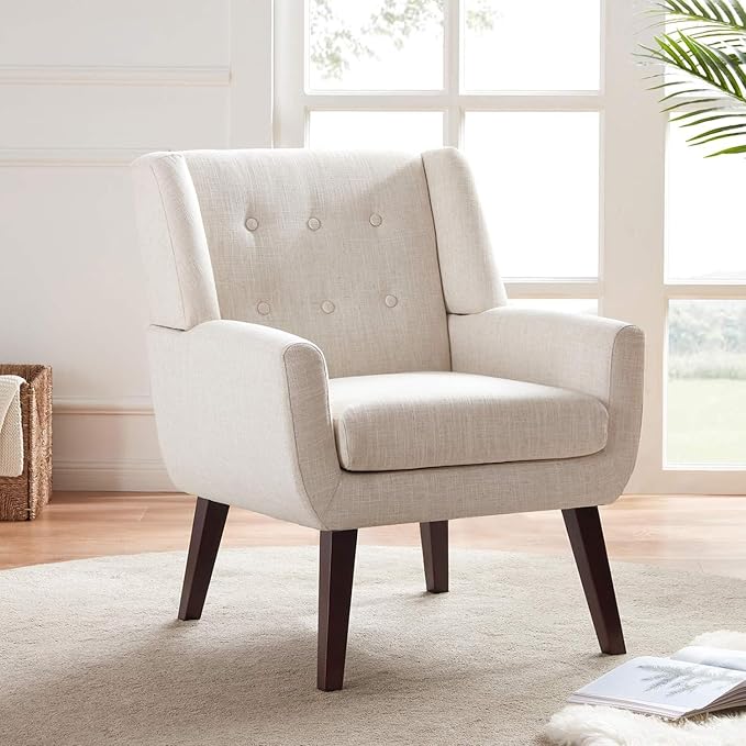 HUIMO Accent Chair for Living Room, Upholstered Button Tufted Armchair with Wooden Legs, Linen Fabric Sofa Chairs for Bedroom, Living Room, Mid-Century Modern Comfy Reading Chair (Beige)