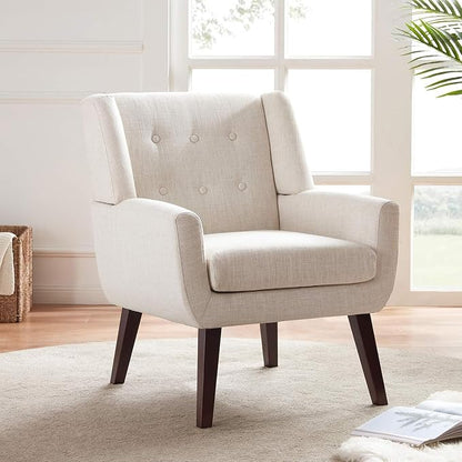 HUIMO Accent Chair for Living Room, Upholstered Button Tufted Armchair with Wooden Legs, Linen Fabric Sofa Chairs for Bedroom, Living Room, Mid-Century Modern Comfy Reading Chair (Beige)