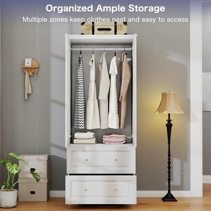 Armoire Wardrobe Closet with Drawers: 74" White Wardrobe with 2 Drawers, 2 Doors Bedroom Armoires with Hanging Rod, Tall Closet Cabinet for Hanging Clothes (31.5")