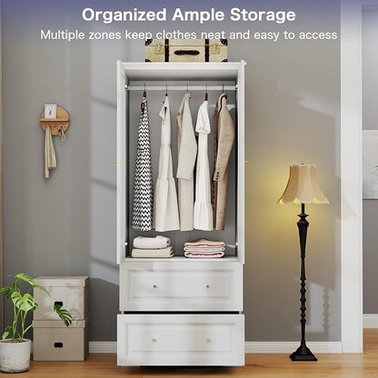 Armoire Wardrobe Closet with Drawers: 74" White Wardrobe with 2 Drawers, 2 Doors Bedroom Armoires with Hanging Rod, Tall Closet Cabinet for Hanging Clothes (31.5")