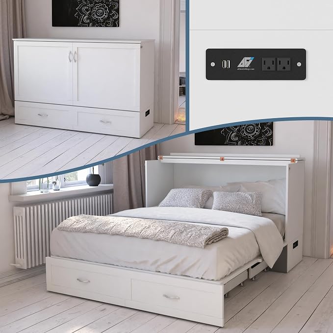 AFI Hamilton Queen Murphy Bed Chest with Mattress, Storage, and Built-in Charger in White