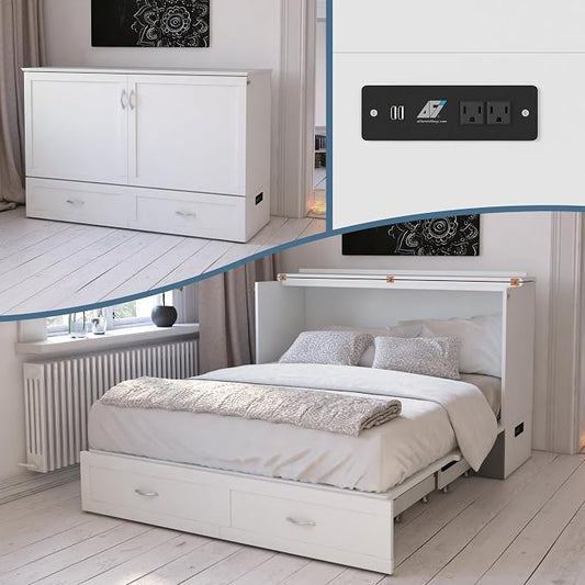 AFI Hamilton Queen Murphy Bed Chest with Mattress, Storage, and Built-in Charger in White