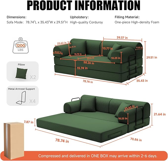 78.8" Boneless Memory Foam Couch, Corduroy Convertible Floor Sofa Bed, Fold-Out Sleeper Futon Loveseat, Wide Armrests & Supportive Back, 1200 lb, Couch in a Box, 2 Pillows, Dark Green