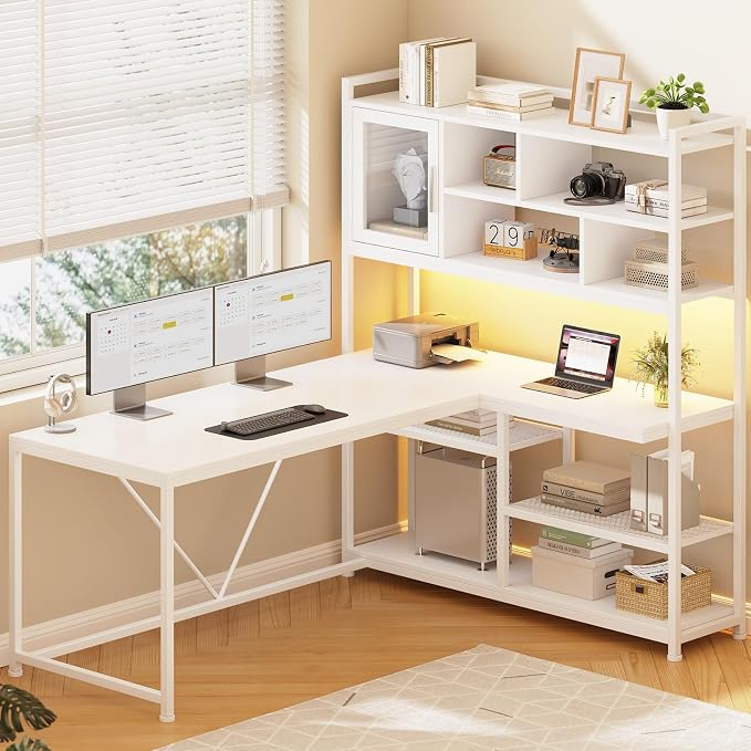 SEDETA L Shaped Computer Desk, 58'' Office Desk with LED Light and Bookshelf, L Shaped Corner Desk with Storage Shelves for Home Office, Gaming Desk, L Desk, White