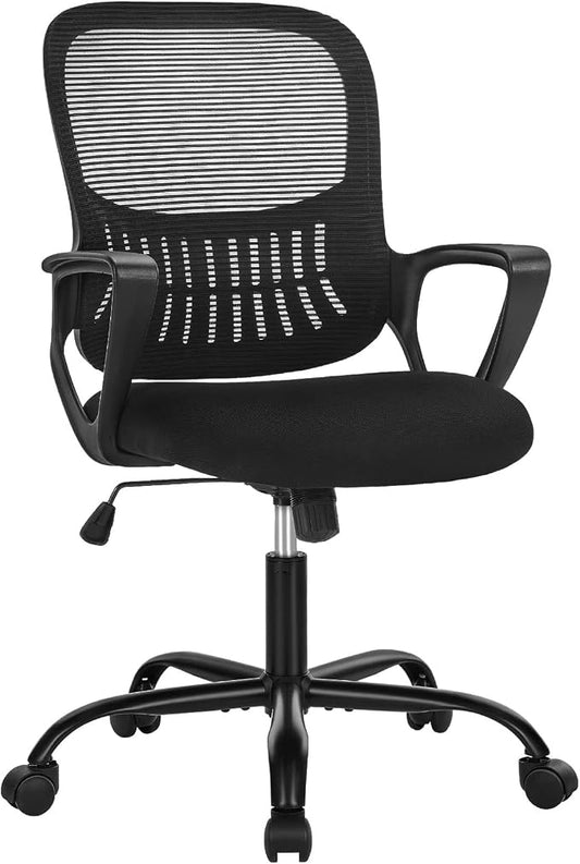 DUMOS Home Office Desk Chair - Ergonomic Mid Back with Lumbar Support & Rocking Mode, Height Adjustable with Fixed Armrest, for Conference, Computer, Meeting Room, 360° Swivel, Adults, Adults, Black