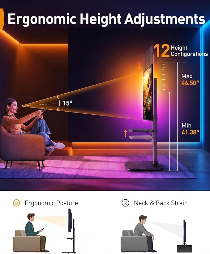 Perlegear Floor TV Stand with LED Lights for 34-75 inch TVs up to 110 lbs, Max VESA 600x400mm, Swivel, Tilt, 12 Height Levels, TV Backlights with Music Sync, Solid Wood Base, PGFS21B