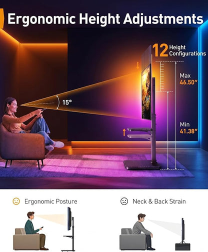 Perlegear Floor TV Stand with LED Lights for 34-75 inch TVs up to 110 lbs, Max VESA 600x400mm, Swivel, Tilt, 12 Height Levels, TV Backlights with Music Sync, Solid Wood Base, PGFS21B