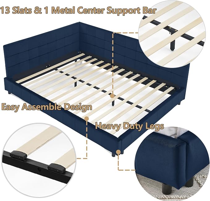 Bellemave Queen Size Corner Bed Frame with Comfortable Backrest and Armrests, Velvet Tufted Corner Bed Frame Queen Size, Upholstered Daybed for Bedroom, Living Room, Guest Room, Dark Blue