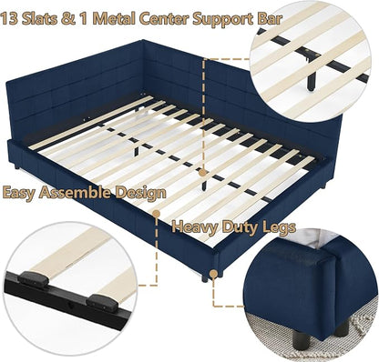 Bellemave Queen Size Corner Bed Frame with Comfortable Backrest and Armrests, Velvet Tufted Corner Bed Frame Queen Size, Upholstered Daybed for Bedroom, Living Room, Guest Room, Dark Blue