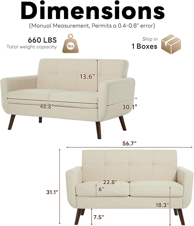 Tbfit 56" W Loveseat Sofa, Mid Century Modern Decor Love Seat Couches for Living Room, Button Tufted Upholstered Small Couch for Bedroom, Solid and Easy to Install Love Seats Furniture, Beige