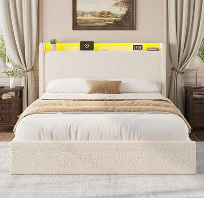 Queen LED Bed Frame with 4 Storage Drawers and Storage Headboard, Soft Boucle Upholstered Platform Bed Frame with Charging Station and USB Ports, Solid Wood Slats Support, No Box Spring Needed, Cream