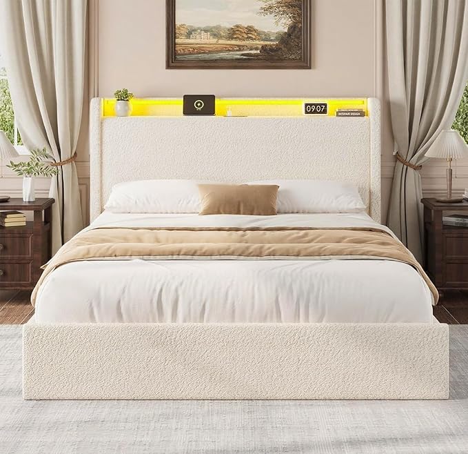 Full LED Bed Frame with 4 Storage Drawers and Storage Headboard, Soft Boucle Upholstered Platform Bed Frame with Charging Station and USB Ports, Solid Wood Slats Support, No Box Spring Needed, Cream