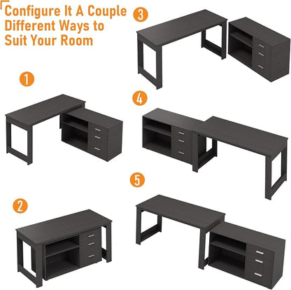 MU 55inch L Shaped Desk, Corner Computer Desk with 3 Drawers and 2 Shelves, Writing Office Table with Storage File Cabinet, Large Executive Desk with Wheels for Home Office, Bedroom (Grey)