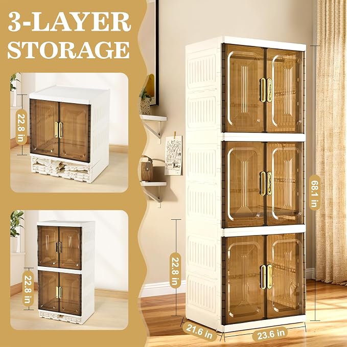 SAYMA 3 Layer Portable Wardrobe Closet Pet, Pet Collapsible Clothes Storage Organizer, White Plastic Foldable Wardrobe Cabinet with Doors & Wheels (3 Layer)