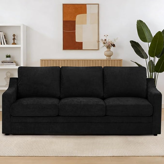 83” Chenille 3 Seats Sofa w/Comfortable Back Cushions, Black | Modern Couch w/Deep Seat Space, Upholstered 5 Seater Sofa w/High Resiliency Foam for Living Room