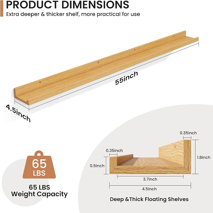 Fun Memories Picture Ledge Shelves Set of 2, 55 Inch Rustic Wall Mounted Floating Shelves with Lip for Home Storage and Décor in Bathroom, Kitchen, Nursery, Bedroom, Living Room, Oak