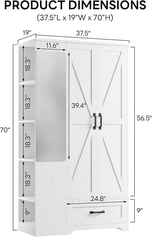 LIKIMIO Armoire Wardrobe Closet 70 Inches, Large Storage with Mirror, 2 Doors, Drawer, and Shelves, Modern Bedroom Freestanding Wooden Wardrobe Combination with Hanging Rail, White