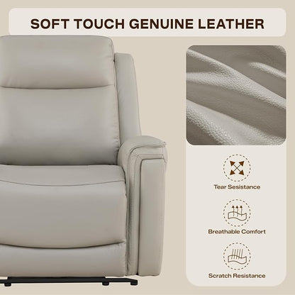 Watson & Whitely Super Zero Gravity Power Recliner Chair with Power Headrest, Genuine Leather Recliner with USB & Type-C Ports, Electric Reclining Sofa Chair for Living Room, Bedroom, Light Grey
