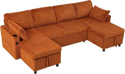 110" Corduroy U-Shape Sofa Bed with Adjustable Backrests, Upholstered Pull Out Sofa Bed with USB Ports, Convertible Sectional Sleeper Couch with Storage Chaise for Living Room, House, Orange