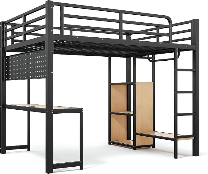 Bellemave Full Size Loft Bed with Desk,with USB Ports, Lights, and Hanging Rod, Cave Board Design, Metal Full Loft Bed Frame for Adults, Kids, Teens, Black