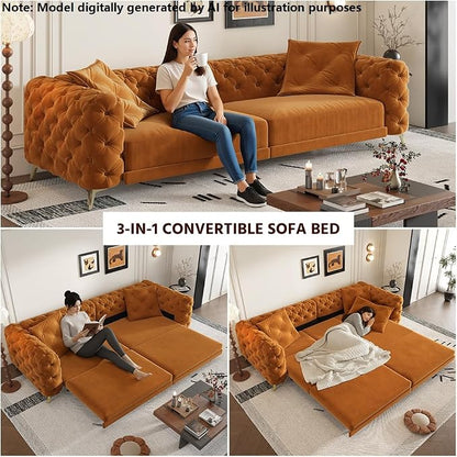 97.7'' Pull Out Sofa Bed King, Chesterfield Velvet Sleeper Sofa, Convertible L-Shaped Futon Couch, Tufted Back, Ottoman, Deep Seat Loveseat Couches for Living Room, Apartment, Orange