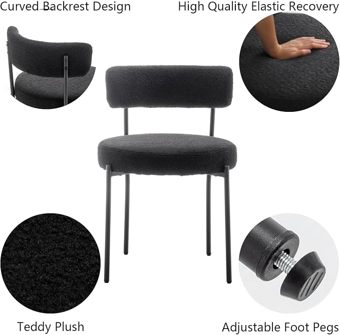 Cinxzar Black Boucle Dining Chairs Set of 6, Upholstered Dining Room Chairs with Black Metal Legs, Round Modern Dining Chair for Dining Room, Kitchen