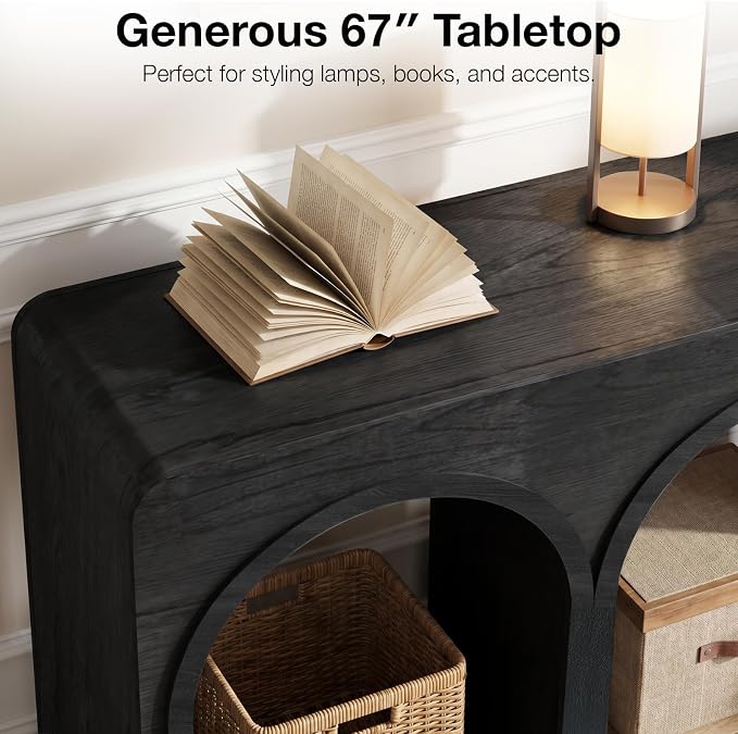 67" Long Arched Console Table Set of 2, 15.5" Deep Modern Designer Entryway Table, Sculptural Triple Arch Sofa Table for Living Room, Behind Couch, Multi-Scene Accent Furniture, Black Wood Finish