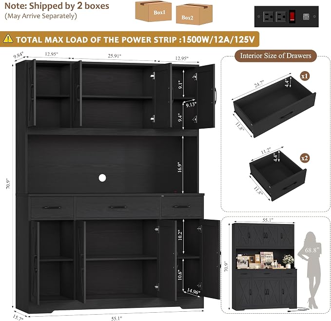HOSTACK 71" Tall Pantry Cabinet with Charging Station, 55" Wide Kitchen Pantry Storage Cabinet with Countertop, Large Kitchen Hutch with Storage Drawers for Dining Room, Black Wood Grain