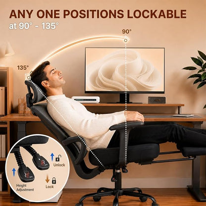 Ergonomic Office Chair with Footrest - High Mesh Back Computer Desk Chair | with Back Support, 135° Reclining, 4D Armrest & Headrest, 400lbs Thickened Seat Cushion, for Home Office, Work & Gaming