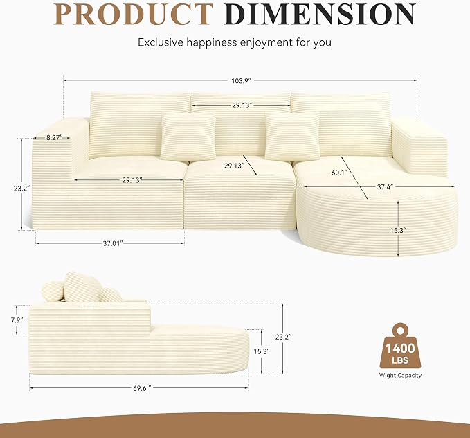 L-Shaped Boneless Couch,104" Couches for Living Room with Curved Chaise,Modular Sectional Sofa with Deep Seat,Modern Cozy Cloud Compression Sofas,No Assembly Required(Beige) 1PCS